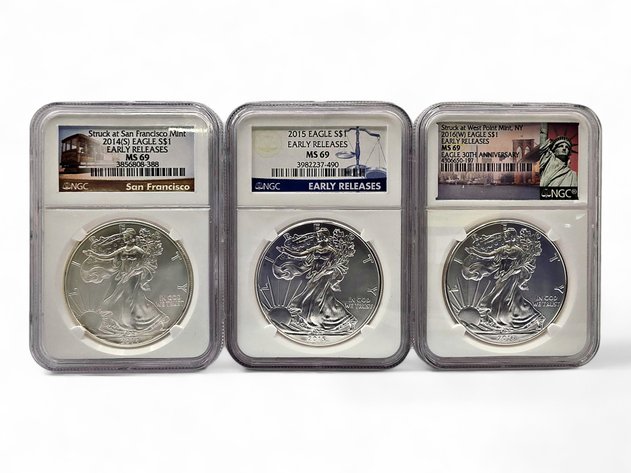 NGC MS69 2014, 2015, 2016 American Eagle Silver Bullion Dollars