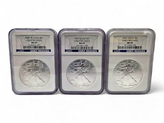 NGC MS69 2008, 2009, 2010 American Eagle Silver Bullion Dollars