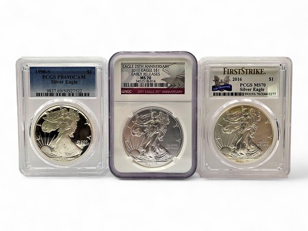 PCGS/NGC PR69 & MS70 1990-S, 2011, 2016 American Eagle Silver Bullion Dollars