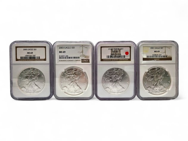 NGC MS69 2001, 2002, 2003, 2005 American Eagle Silver Bullion Dollars