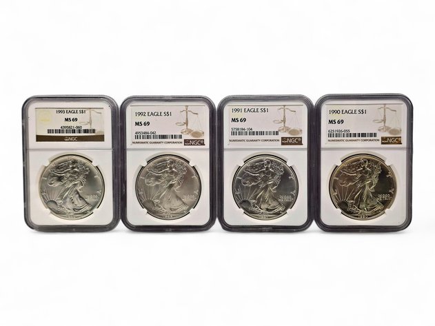 NGC MS69 1990, 1991, 1992, 1993 American Eagle Silver Bullion Dollars