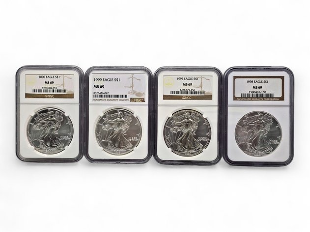 NGC MS69 1997, 1998, 1999, 2000 American Eagle Silver Bullion Dollars