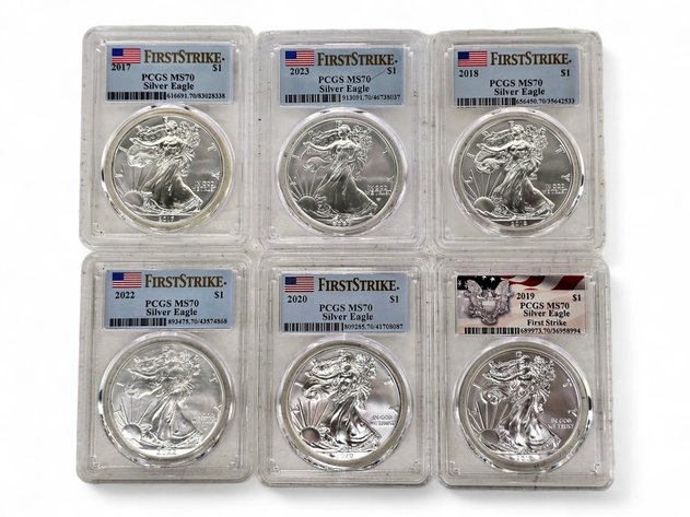 PCGS MS70 2017-2020, 2022-2023 American Eagle Silver Bullion Dollars