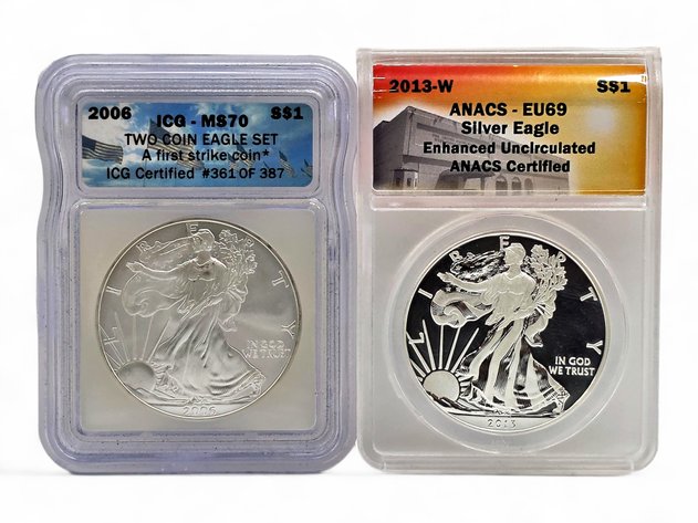 ICG MS70 & ANACS EU69 2006 & 2013-W American Eagle Silver Bullion Dollars