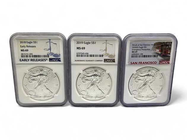 NGC MS69 2018, 2019, 2020-S American Eagle Silver Bullion Dollars