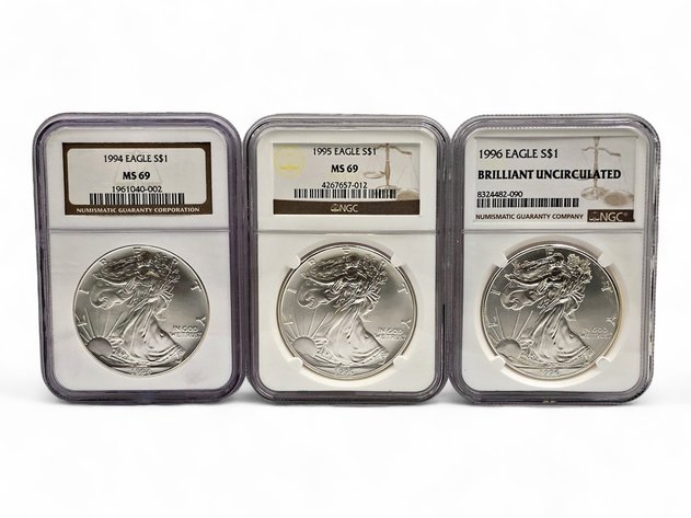 NGC MS69 & NGC BU 1994, 1995 & 1996 American Eagle Silver Bullion Dollars