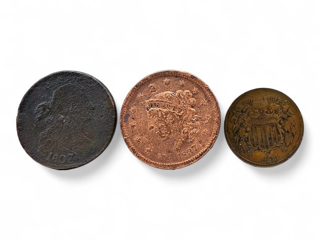 1807 Draped Bust Large Cent, 1837 Coronet Large Cent & 1868 Two-Cent Nickel