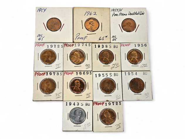 13x Proof & BU Lincoln Wheat & Memorial Cents 1938-1974