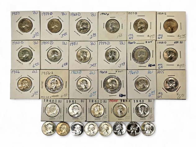 31x 1950-1964 Washington Silver Quarters