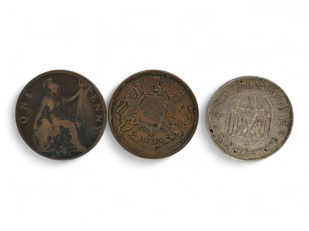 1899 Victoria Penny, 1935 East India Company 1/2 Anna & 1934 Potsam Garrison Church Mark