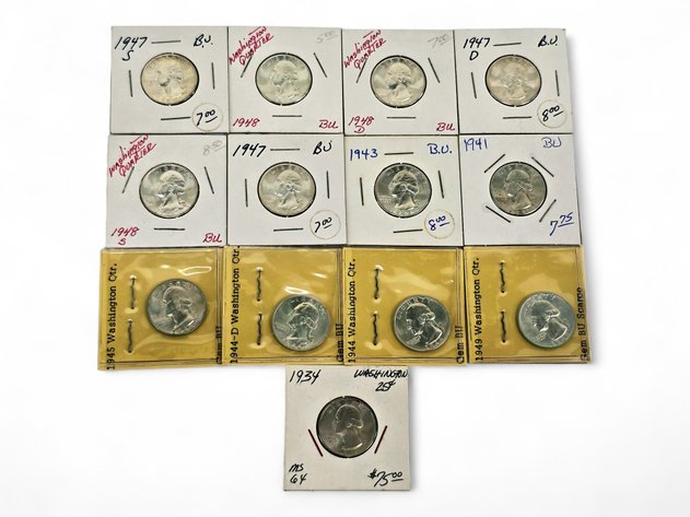 13x 1934-1949 BU Washington Silver Quarters