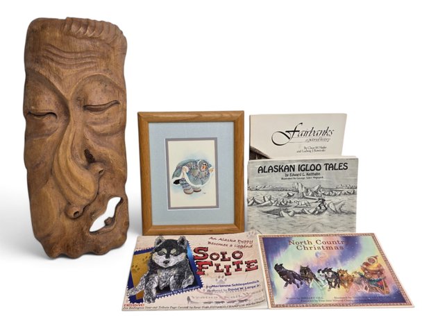 Carved Wood Mask, Barbara Lavallee Print & Alaskan Books w/ Iditarod Musher Autographs