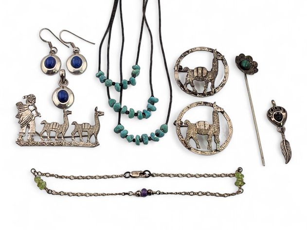 Sterling Silver Jewelry w/ Lapis Lazuli, Malachite & Turquoise Nugget Multi-Strand Necklace