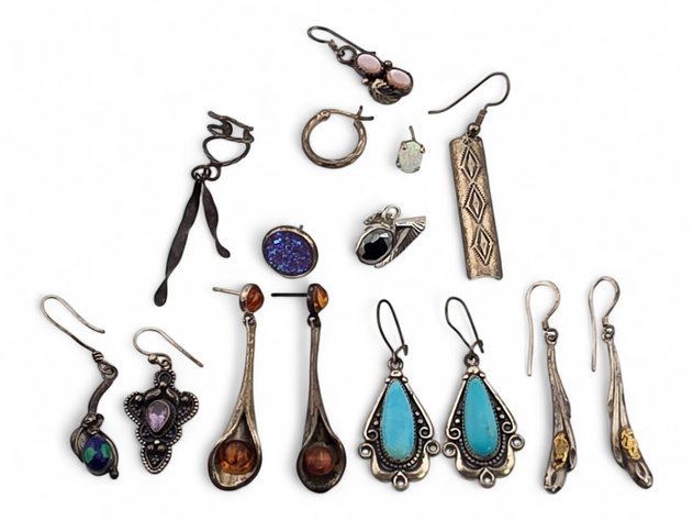 Sterling Silver Earrings w/ Gold Nuggets, Amber, Turquoise, Opal, Azurite-Malachite & More