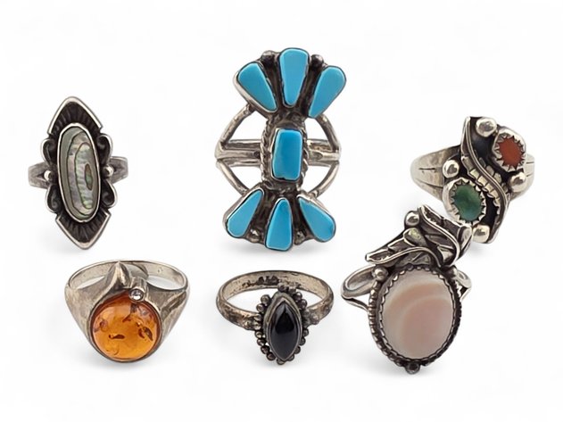 Sterling Silver Rings w/ Abalone, Turquoise, Amber & Onyx - Sizes 5 to 9