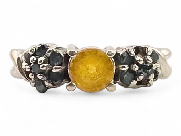 10k White Gold Yellow Sapphire & Blue Diamond Ring - Size 6.25