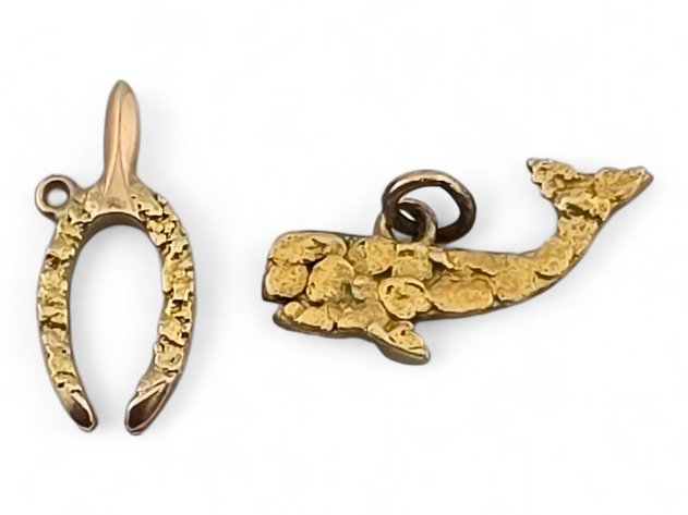 10k Yellow Gold & Gold Nugget Whale & Wishbone Charms