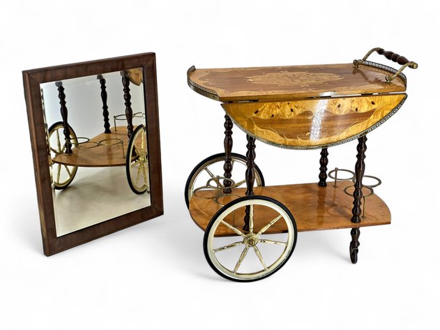 Italian Marquetry Drop-Leaf Bar Cart & Wooden Wall Mirror