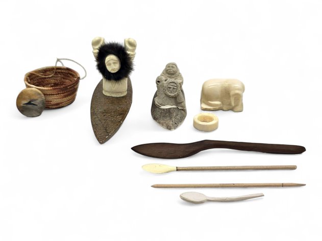 Soapstone & Antler Kayak Figurines, Walrus Ivory Figurine & Ring & More