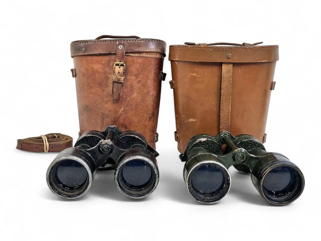 British WWII-Era Binoculars w/ Leather Cases