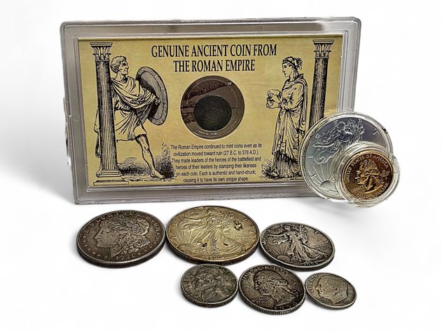 Ancient Roman Coins, 2x American Silver Eagles, Morgan Silver Dollar, Walking Liberty Silver Half Dollar & Others