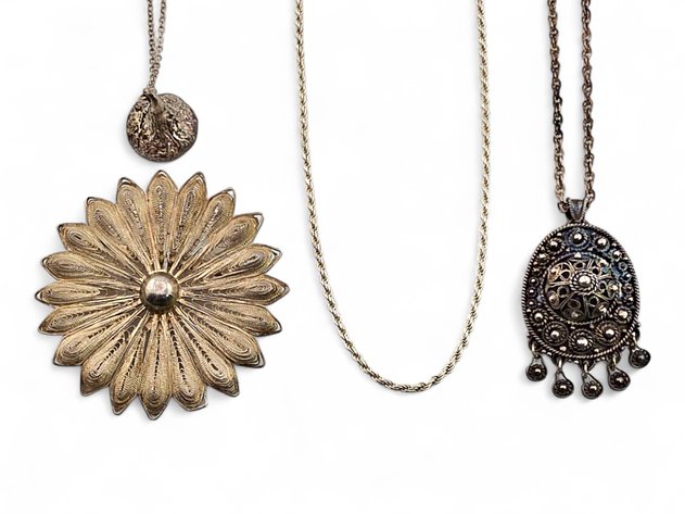 Sterling Silver Jewelry - Rope Chain, Hershey's Kiss Necklace, Daisy Brooch & Medallion Pendant