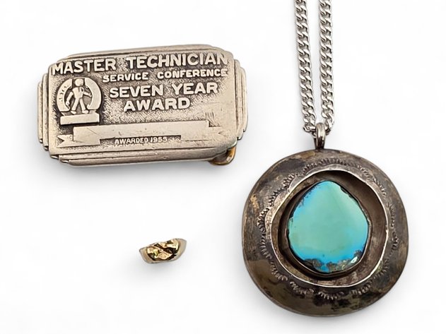 Sterling Silver Necklace w/ Turquoise, Commemorative Belt Buckle & Gold Tooth Fragment