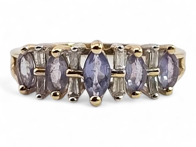 14k Yellow Gold Marquise Tanzanite & Baguette Diamond Ring - Size 7