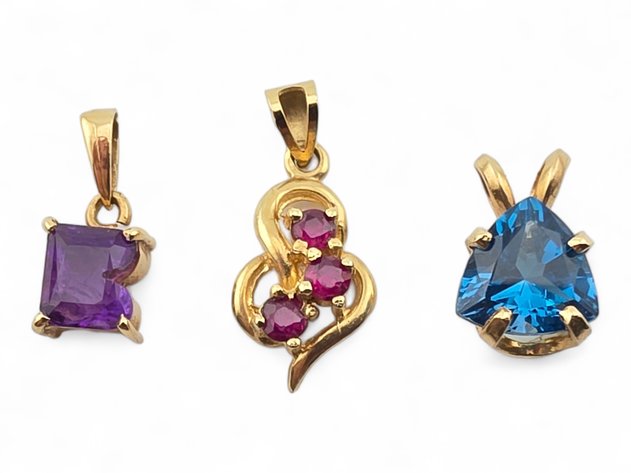 14k Yellow Gold Pendants w/ Amethyst, Ruby & Topaz