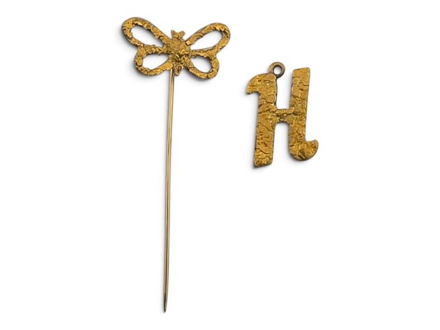 Brass & Gold Nugget Stick Butterfly Pin & 