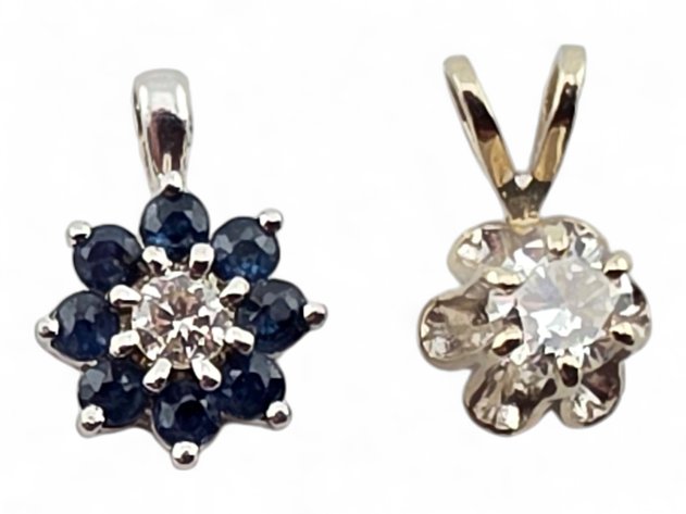 14k White Gold Flower Pendant w/ Diamond & Sapphire