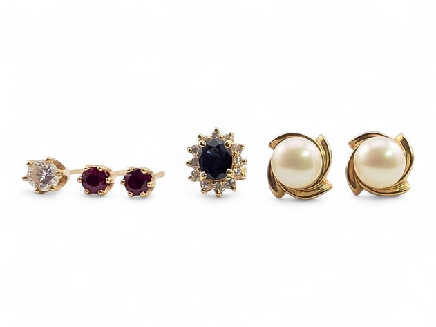 10k & 14k Yellow Gold Earrings w/ Pearl, Garnet, Sapphire & Diamond