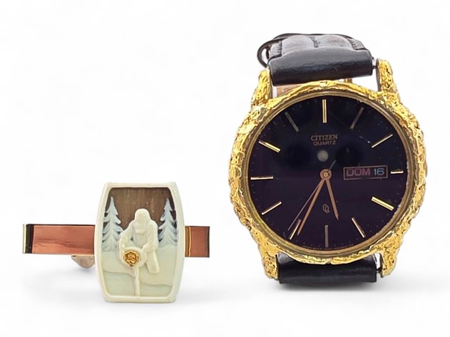 Citizen Gold Nugget Wrist Watch & Mammoth Ivory & Gold Nugget Tie-Clip