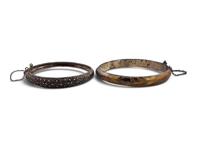 Sterling Silver Hinged Bangles w/ Marcasite & Gold-Toned Accents