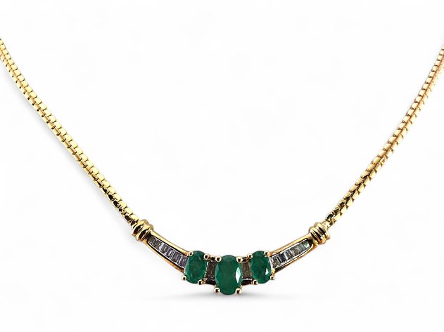 10k Yellow Gold Oval-Cut Emerald & Baguette-Cut Diamond Necklace