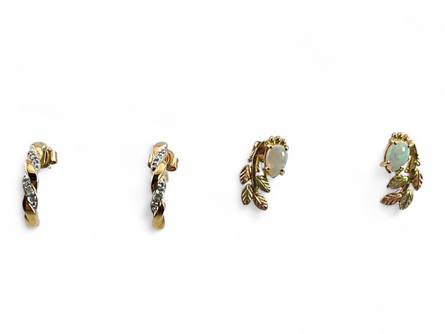 10k Gold Half-Hoop Earrings w/ Diamonds & Black Hills Gold Earrings w/ Opal