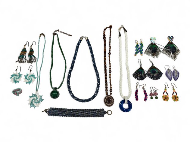 Beaded Snowflake Necklace & Earrings, Peacock Feather Earrings & More