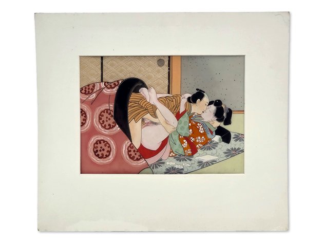 Japanese Shunga Erotic Ink & Color Painting on Silk