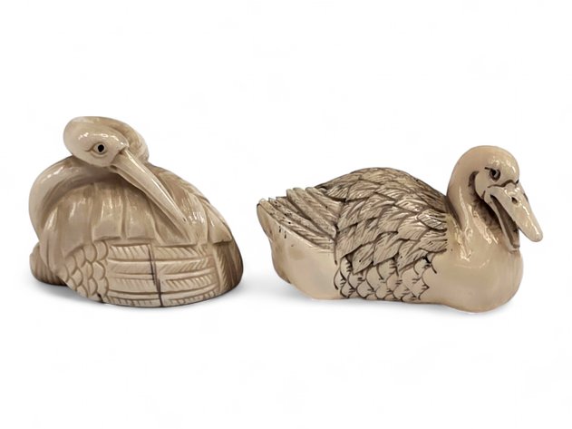 Two Japanese Netsuke, Crane & Duck, Hidemitsu Mark