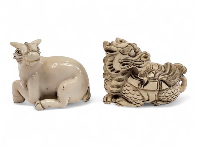 Two Japanese Netsuke, Dragon-Turtle & Ox