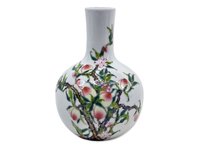 Chinese Famille Rose Peach & Bat Bottle Vase, Juren Tang Mark