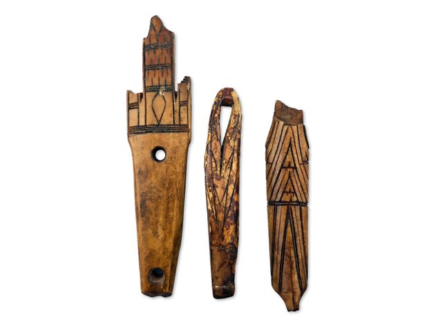 Three Pre-Contact Thule Eskimo Decorated Walrus Tusk Handle Artifacts
