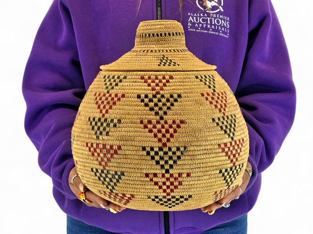 Large Yup’ik Grass Basket with Seal Gut Decoration