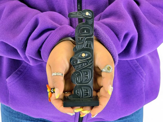 Glen Pollard Haida Raven and Bear Argillite Model Pole