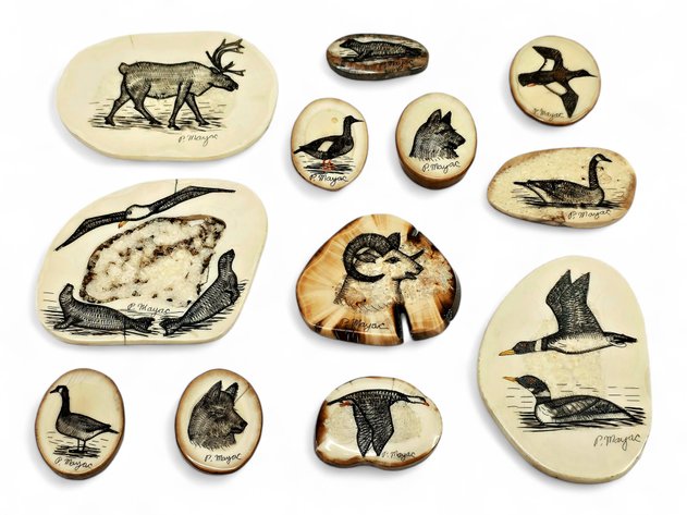 Group of 12 Peter Mayac Wildlife Scrimshaw Plaques