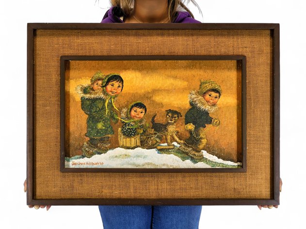 Joan Arend Kickbush Children and Sled Oil Painting, 1969