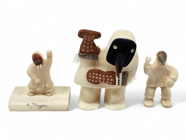 Three King Island Transformation Figure Carvings — T. Tiulana, E. Mayac & J. Koyuk