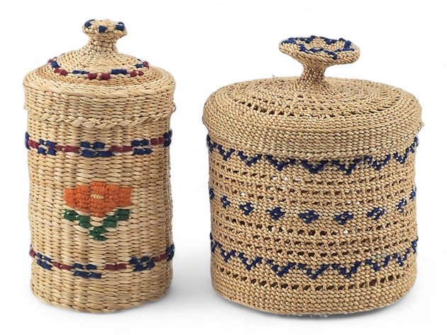 Two Exceptionally Fine Aleut Lidded Baskets, One with Floral Design