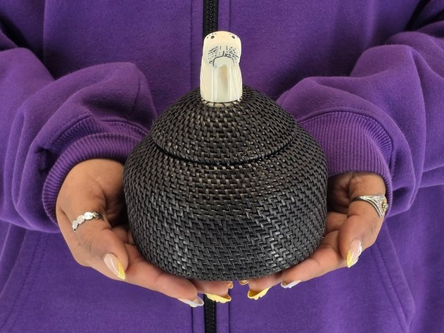 Large Dome-Topped Baleen Basket with Elongated Walrus Finial by Carl E. Hank