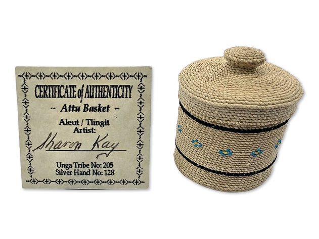 Sharon Kay Miniature Attu-Style Grass Basket with Floral Design